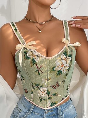 French Floral Print Shapewear Corset with Bow Tie Shoulders