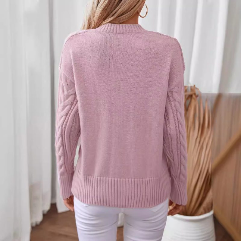 Women's V-Neck Pullover Sweater - Vintage Twisted Knit Pattern - Image 3