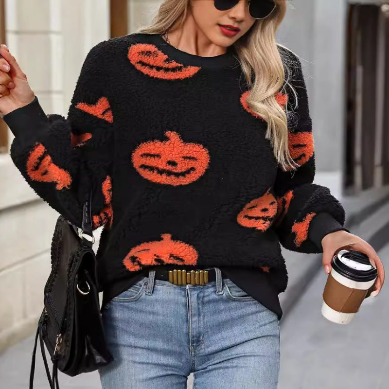 Women’s Autumn Winter Halloween Printed Plush Loose Pullover Sweatshirt - Image 3