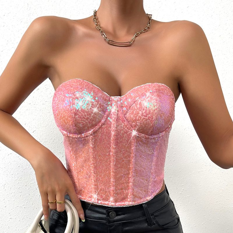 Girls Nightclub Sequin Zipper Corset Tube Top - Heavy Industry Style