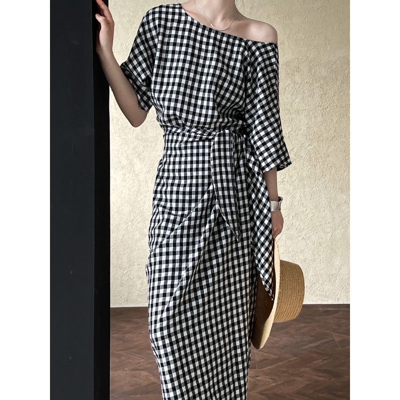 Asymmetric Checkered Color Block Dress for Women - Image 2