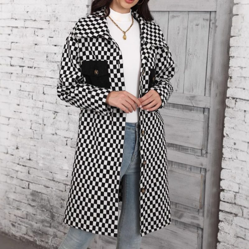 Womens Loose Long Plaid Cardigan - Single Breasted Coat - Image 4