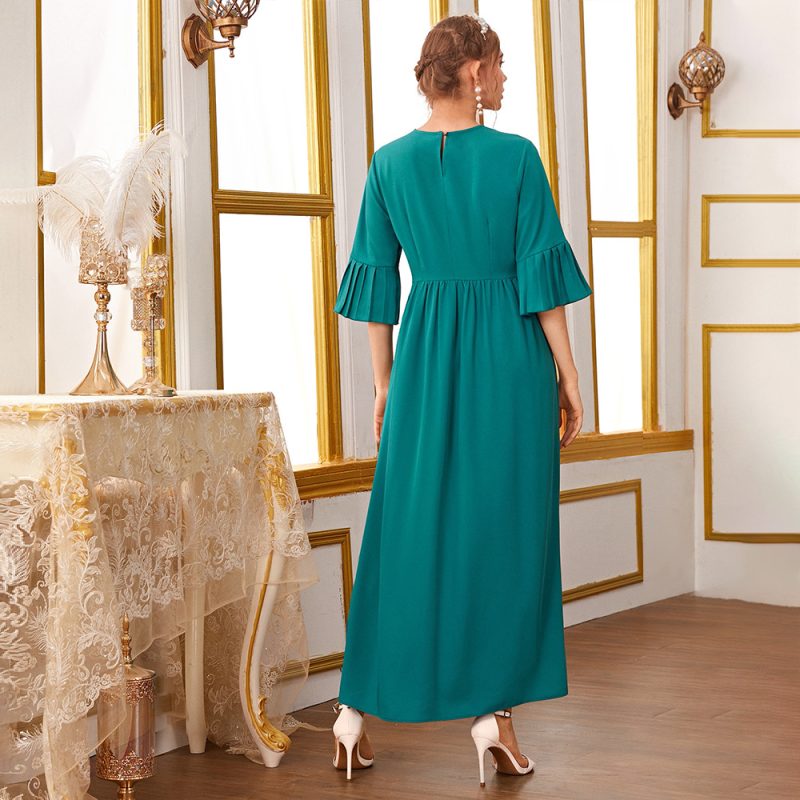 Round Neck Pleated Short Sleeve Mid Sleeve High Waist Simple Dress - Image 4