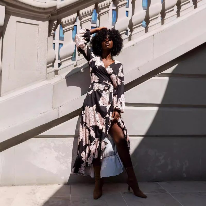 Fall V-Neck Long Sleeve Printed Irregular Asymmetric Dress for Women - Image 3