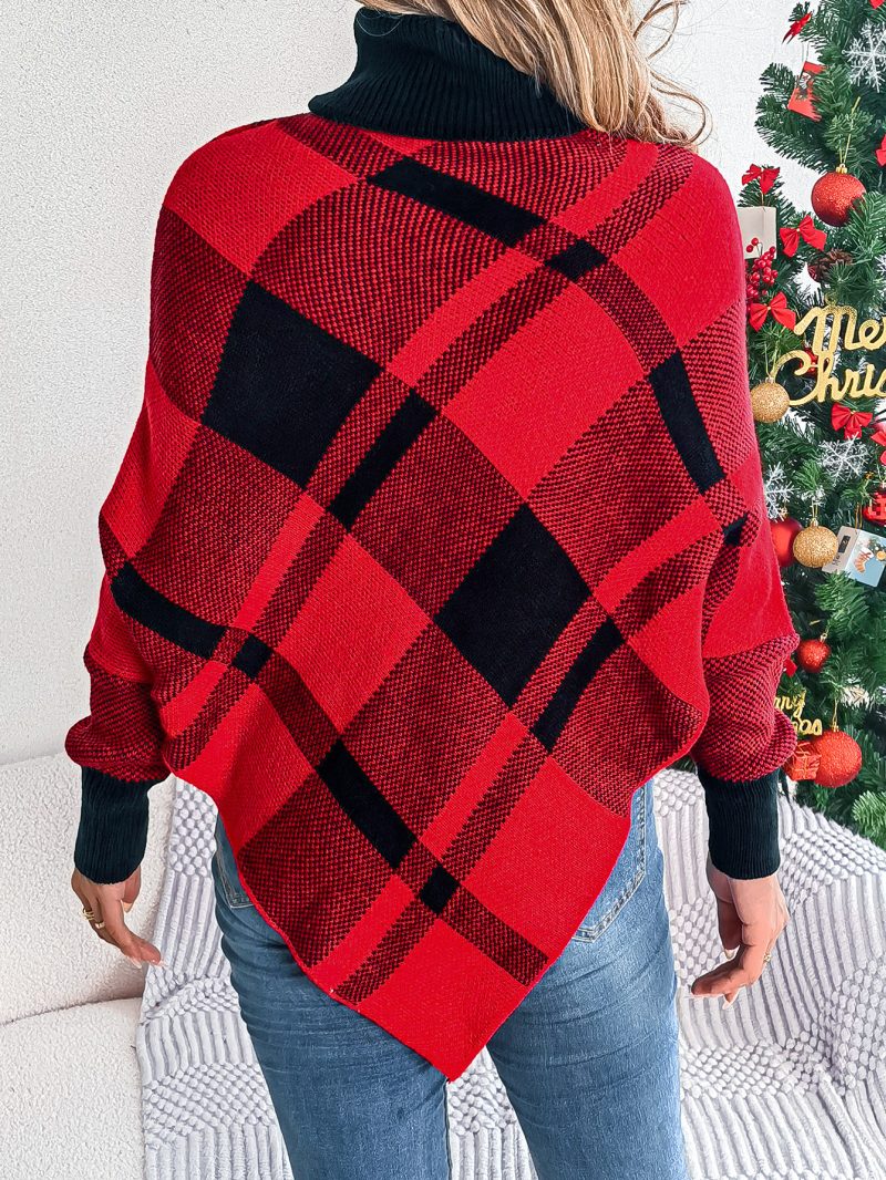 Casual Color Contrast Check Turtleneck Cloak Sweater for Women - Image 2
