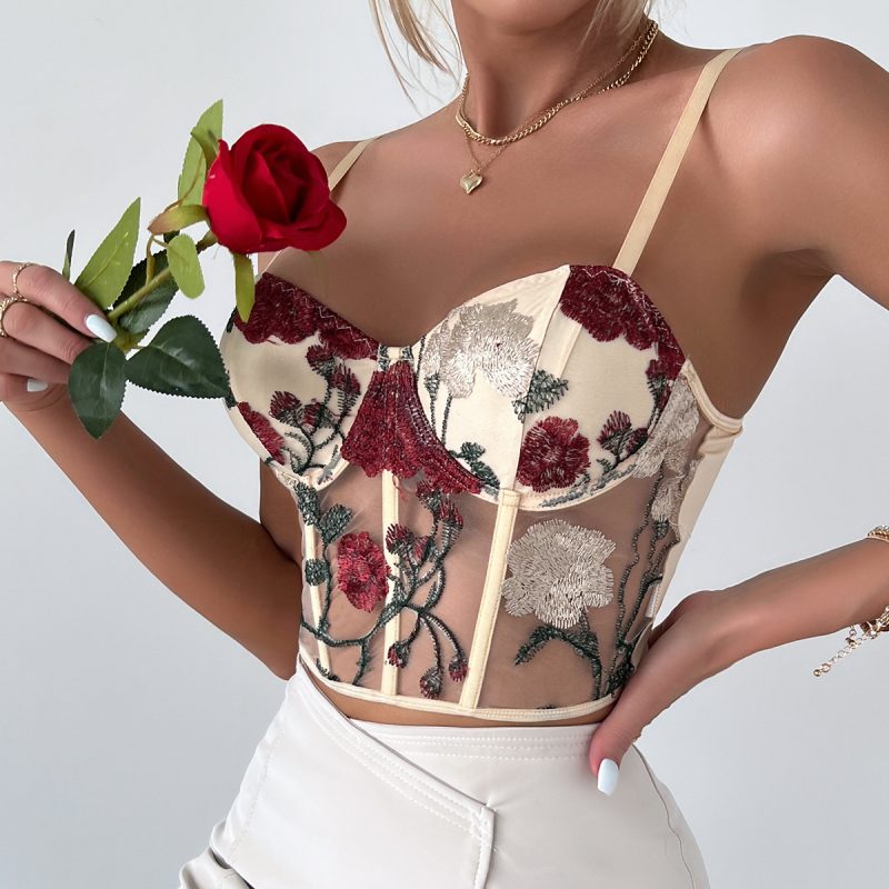 Retro Floral Embroidered Net Yarn Boning Corset Vest - Image 2