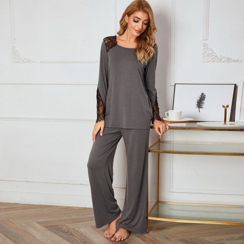 Autumn Winter Long Sleeved Lace Sleeve Stitching Two-Piece Pajamas - Image 2