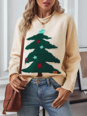 Women’s Christmas Tree Pullover Sweater – Loose Holiday Knitwear