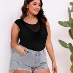Plus Size Sleeveless Round Neck Top with Elastic Net Patchwork - Image 3