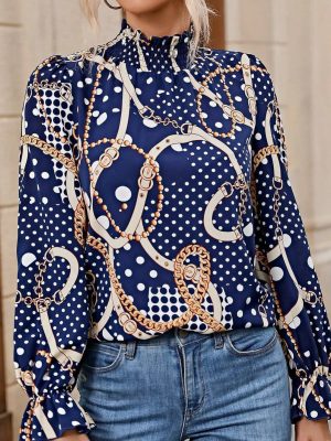 Chic Pullover Shirt with Puff Sleeves and Spotted Totem Chain Print