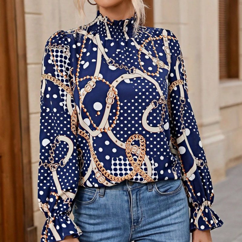 Chic Pullover Shirt with Puff Sleeves and Spotted Totem Chain Print