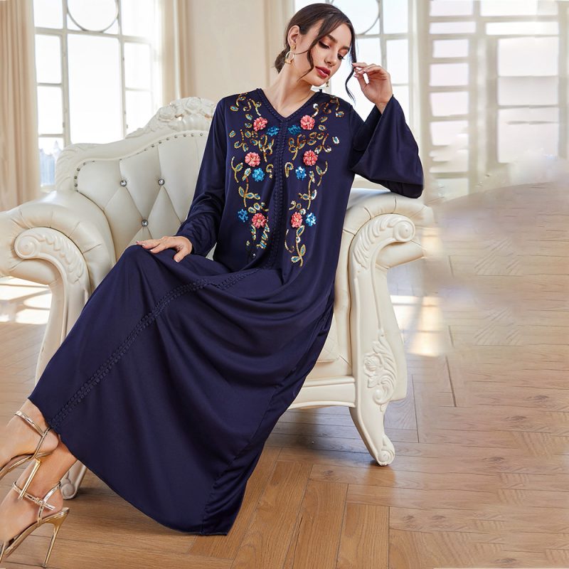 Autumn Blue V-Neck Embroidered Abaya Robe Dress - Image 4