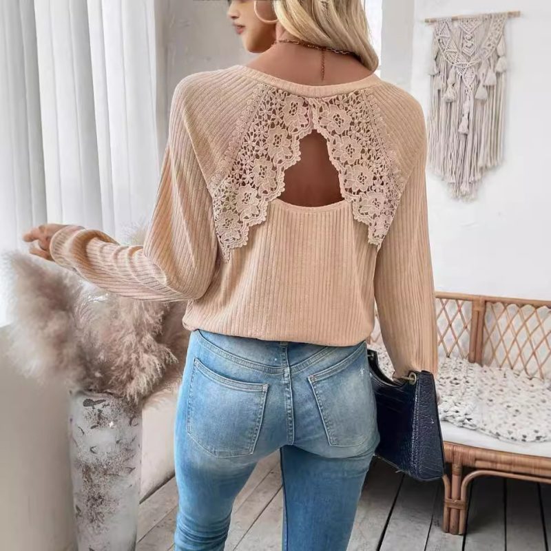 Women’s Lace Cutout Raglan Sleeve Long Sleeve T-Shirt Top - Image 4