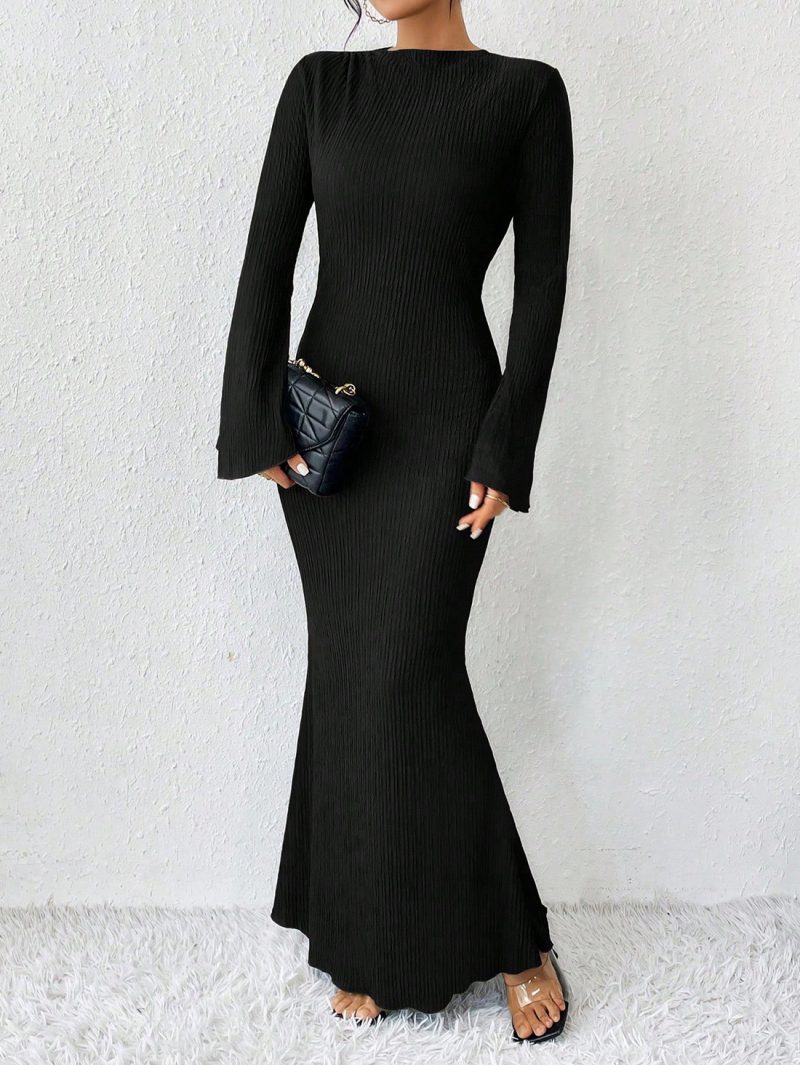 Women’s Bell Sleeve Slim Fit Fishtail Black Dress - Image 2