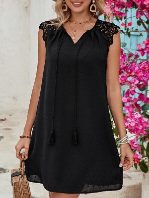 Black V-Neck Sleeveless Short Dress with Hollow Out Design