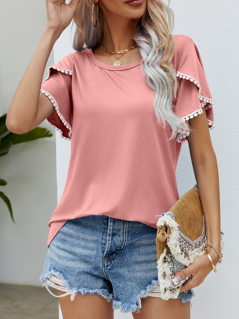 Women's Summer Round Neck Tassel Tulip Sleeve Casual T-Shirt - Image 3