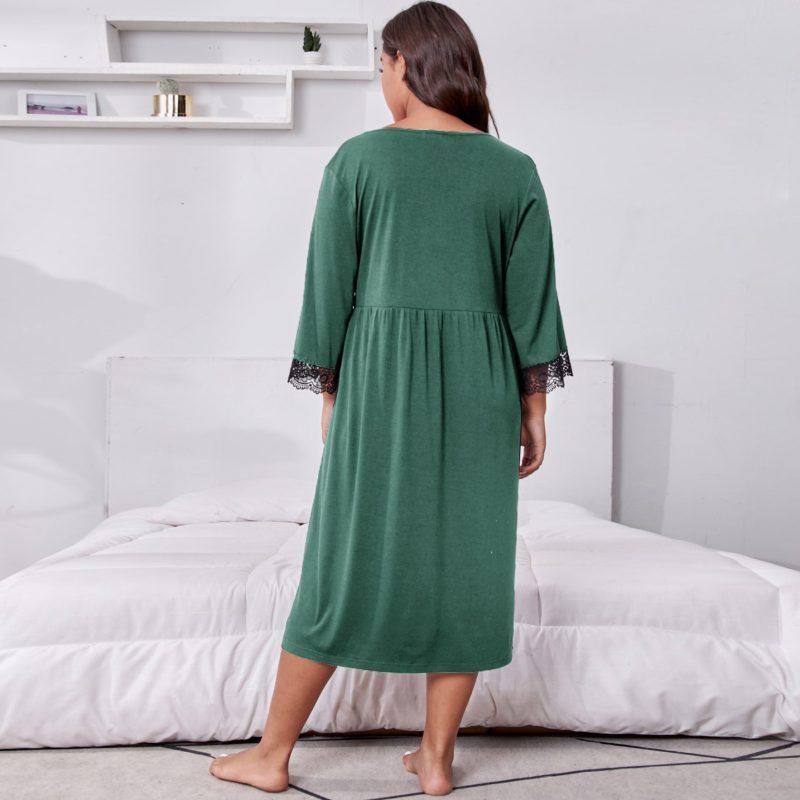 Plus Size Autumn Winter Lace V-Neck Long Sleeve Loose Pajamas Nightdress - Image 2