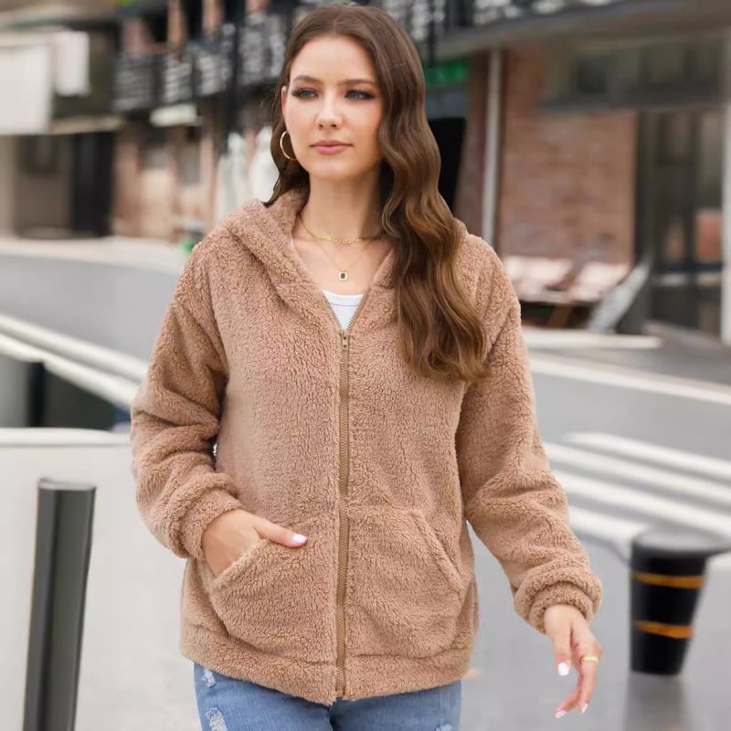 Loose Casual Thick Hooded Plush Coat for Women