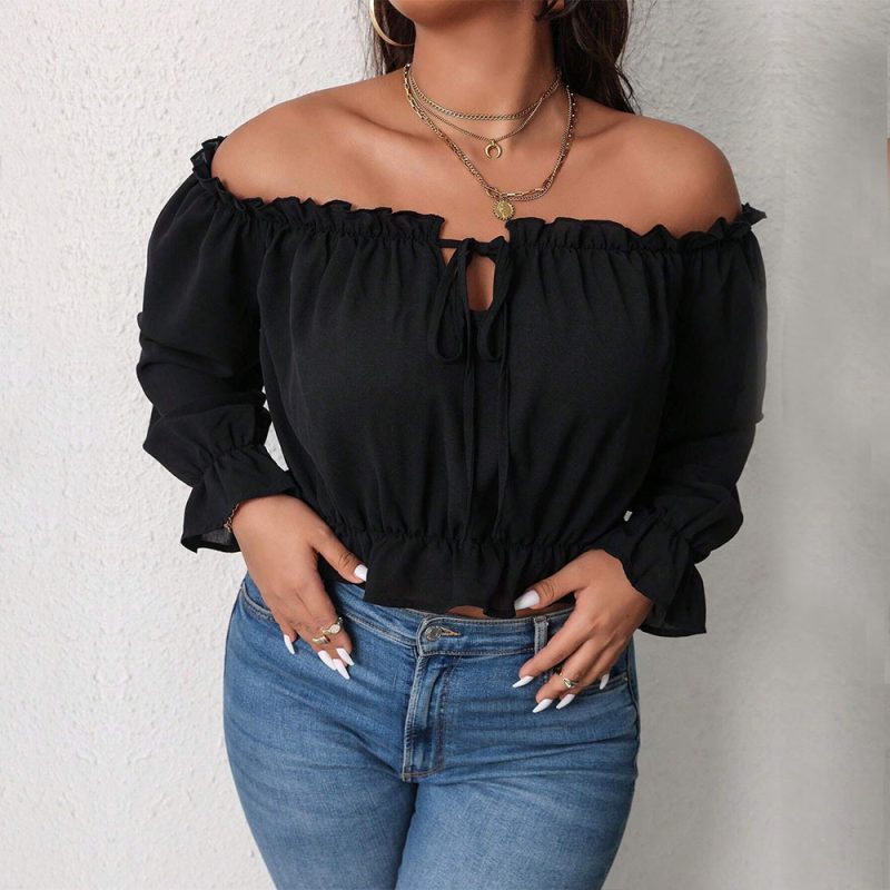 Plus Size Off Shoulder Crop Top – Boat Collar Slim Fit T-Shirt for Women