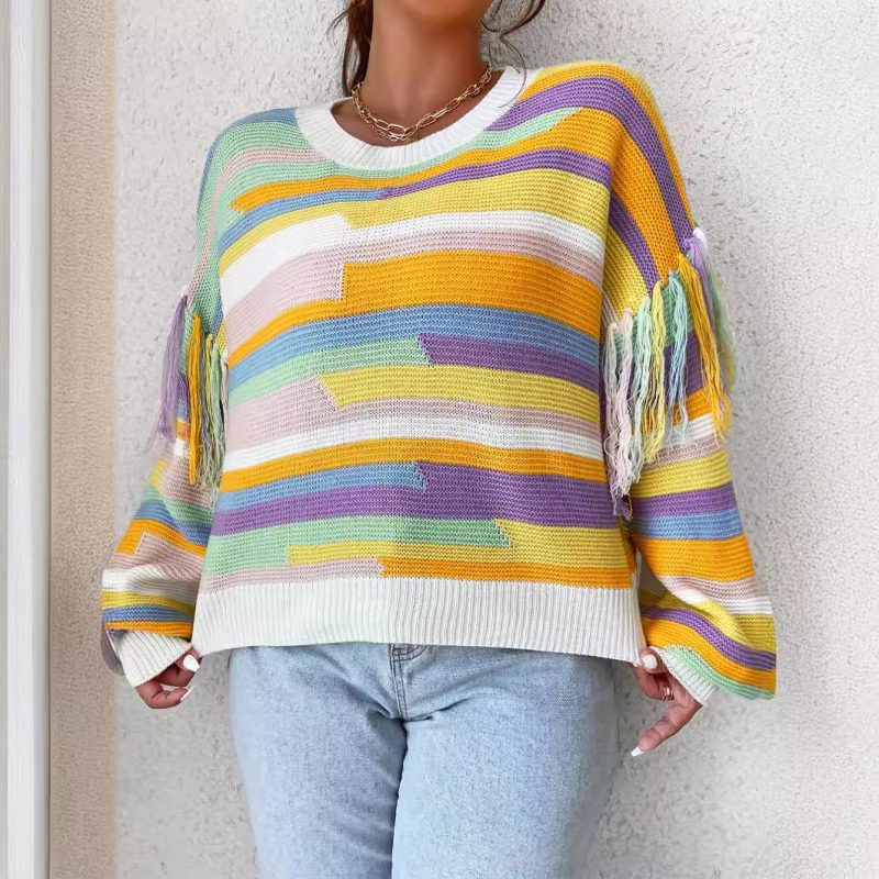 Custom Round Collar Striped Sweater Coat for Women