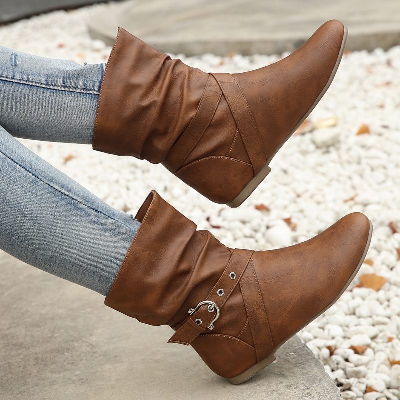 Flat Rivet Short Boots for Women with Belt Buckle - Brown - Image 2