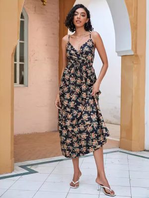 Summer Printed Waist-Controlled Mid-Length Strap Dress for Women