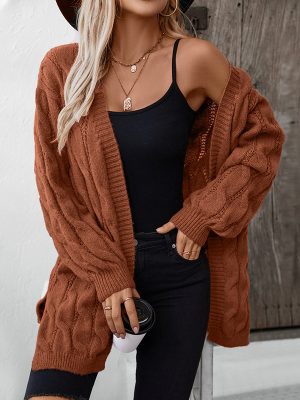 Women’s Twist Knit Cardigan – Retro Mid Length Sweater Coat