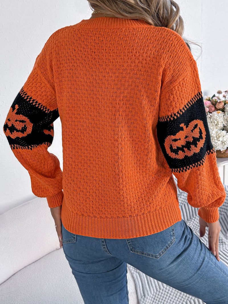 Women's Halloween Pumpkin Head Knit Pullover – Autumn Contrast Sweater - Image 2