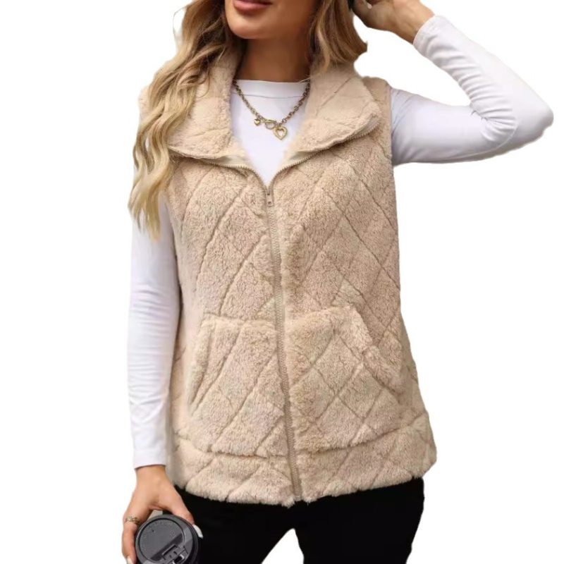 Women’s Autumn Winter Zipper Loose Diamond Lattice Plush Vest Cardigan - Image 5