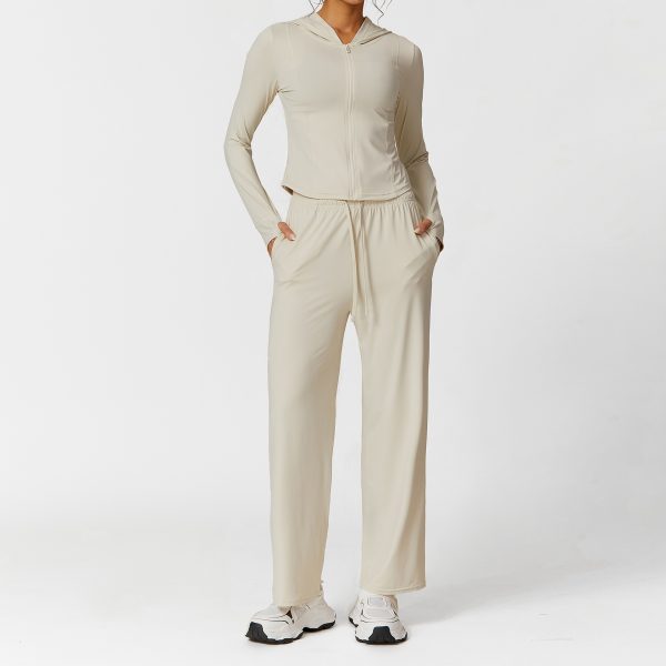 Solid Color Long Sleeve Top & High Waist Wide Leg Pants Yoga Suit - Image 2