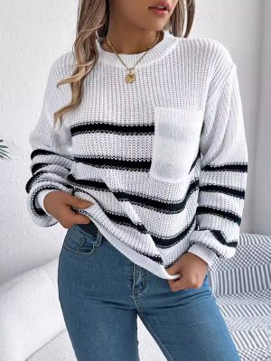 Casual Contrast Color Striped Lantern Sleeve Pullover Sweater for Women