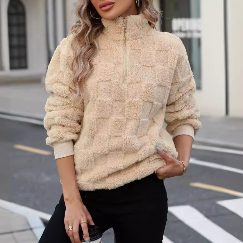 Winter Half-Zipped Stand Collar Loose Plaid Plush Pullover Sweater