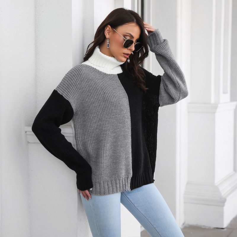 Color Block Turtleneck Drop-Shoulder Knit Sweater - Image 4