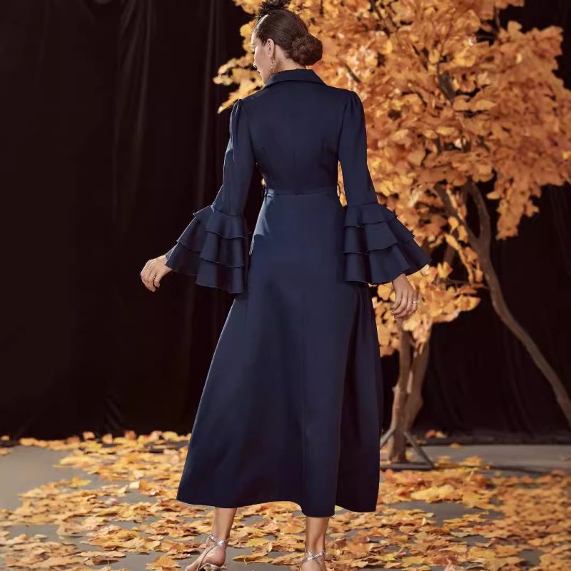 Women Autumn Winter Double Breasted High Waist Trench Coat Dress - Image 2