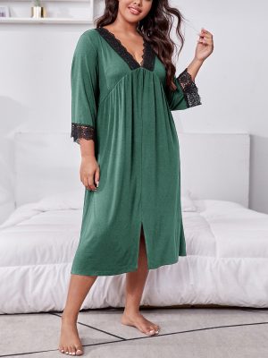 Plus Size Autumn Winter Lace V-Neck Long Sleeve Loose Pajamas Nightdress