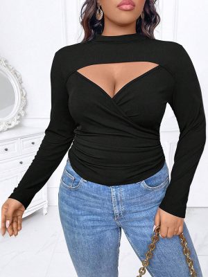 Plus Size Deep V Plunge Neck Long Sleeve T-Shirt – Autumn Winter