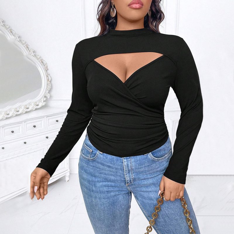 Plus Size Deep V Plunge Neck Long Sleeve T-Shirt - Autumn Winter
