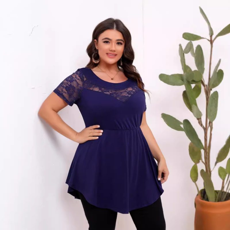 Plus Size Women’s Elastic Lace Patchwork Waist Slimming Round Neck Short Sleeve Top - Image 4