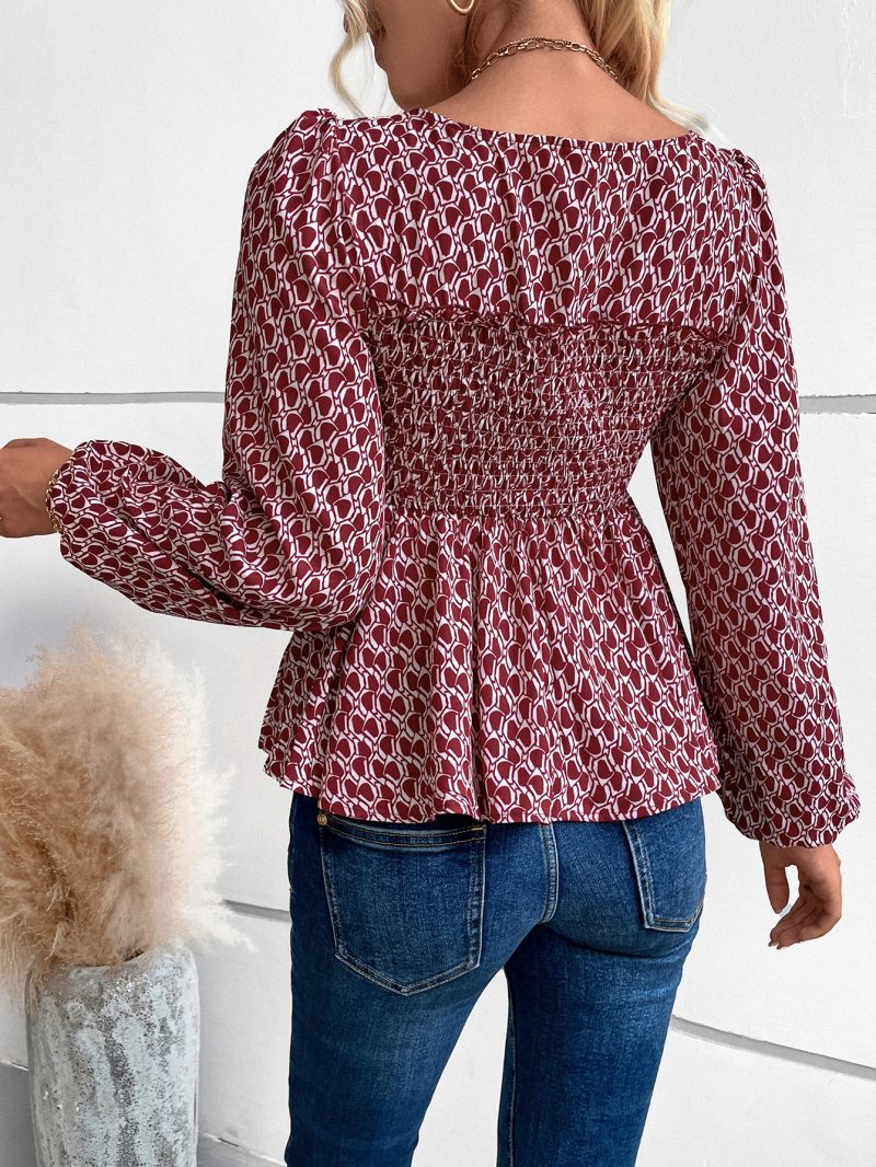 Sexy Slim Fit Printed Square Collar Long Sleeve Pullover Shirt for Women - Image 4