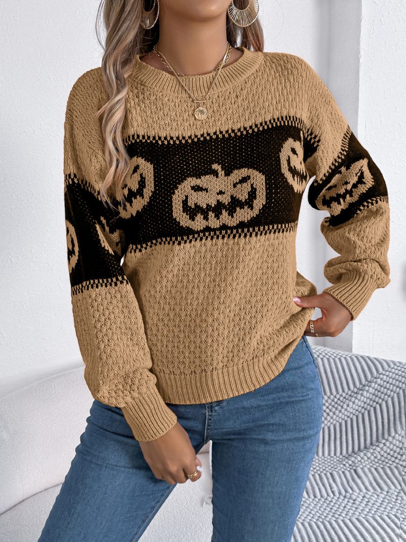 Women's Halloween Pumpkin Head Knit Pullover – Autumn Contrast Sweater - Image 3