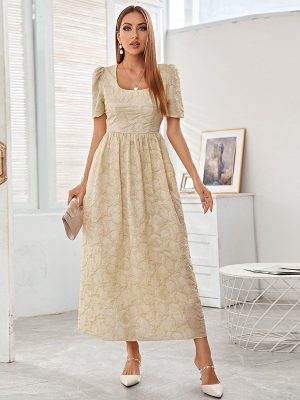 Apricot Short Sleeve High Waist A-Line U Collar Embroidered Long Dress