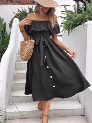 Off-Shoulder Ruffled Maxi Dress – Solid Color Button Design