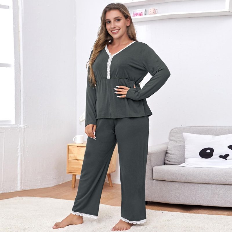 Plus Size Autumn Winter Two-Piece Lace Stitching Homewear Set