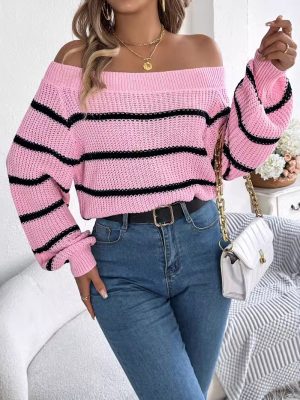 Casual Striped Off-the-Shoulder Lantern Sleeve Pullover Sweater for Women