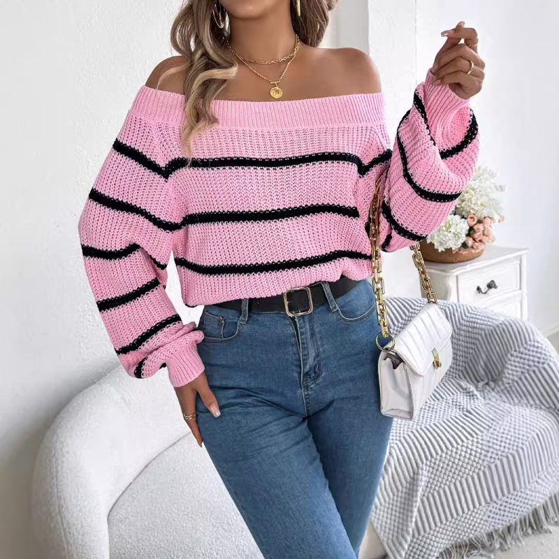 Casual Striped Off-the-Shoulder Lantern Sleeve Pullover Sweater for Women