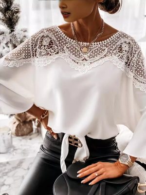 Long Sleeve Lace Shirt: Solid Color Office Top for Spring & Autumn