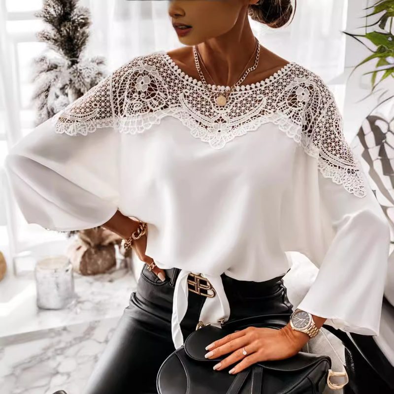 Long Sleeve Lace Shirt: Solid Color Office Top for Spring & Autumn