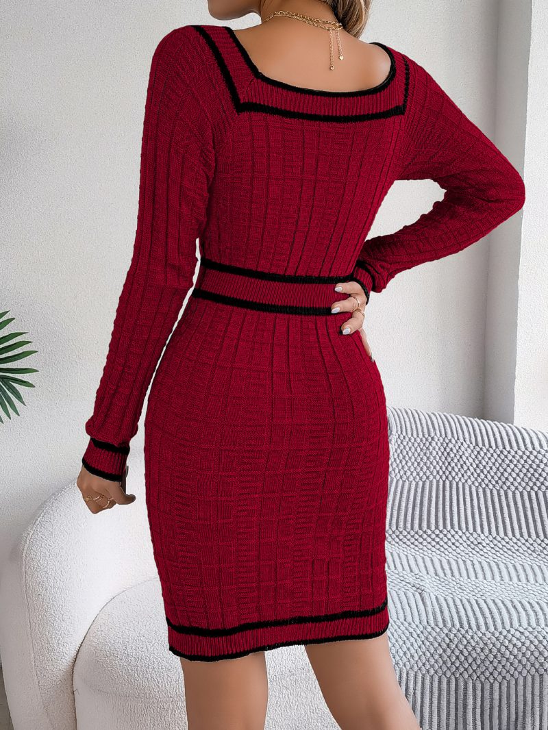 Elegant Square Collar Button Long Sleeve Sweater Dress for Women - Image 3