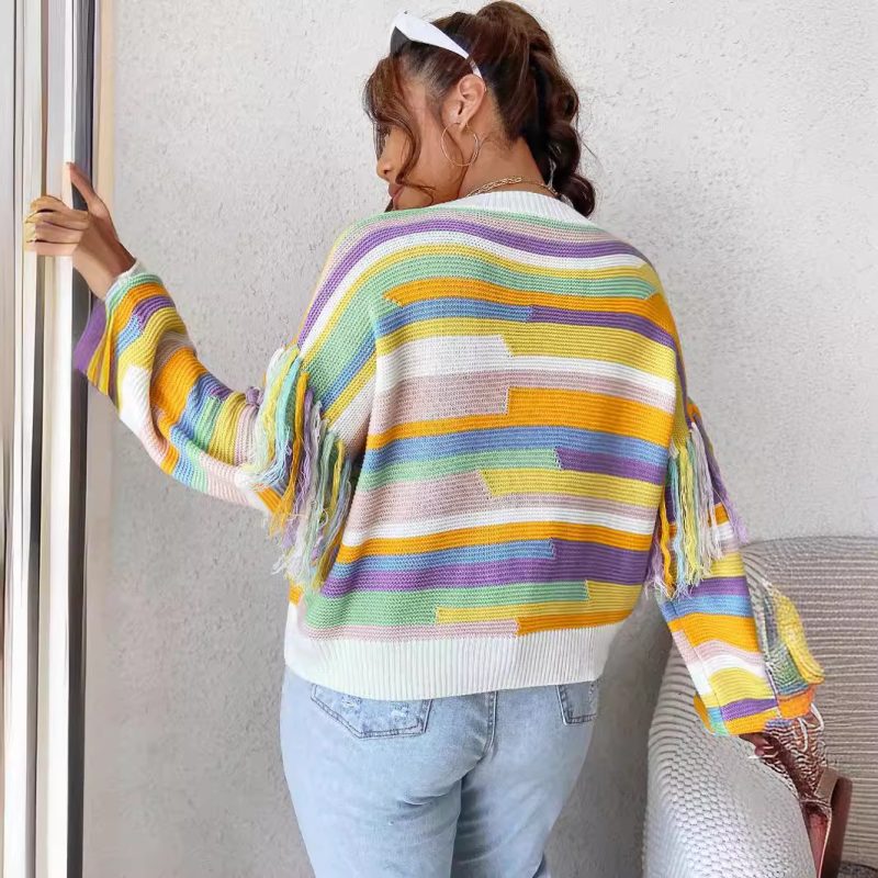 Custom Round Collar Striped Sweater Coat for Women - Image 4