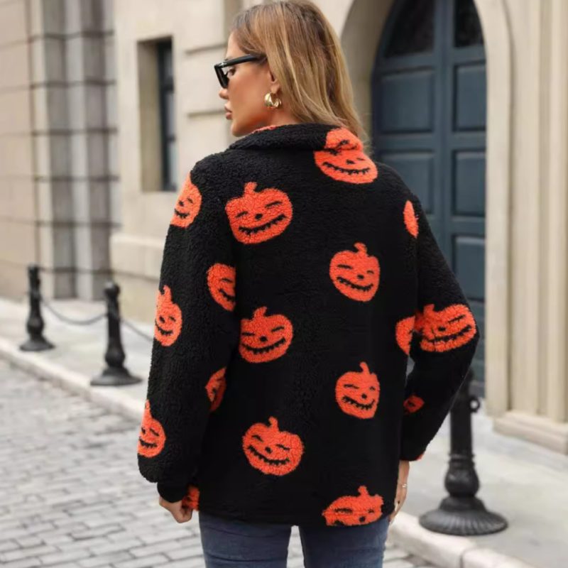 Women’s Autumn Winter Halloween Pumpkin Printed Half Zipper Plush Pullover Sweater - Image 2